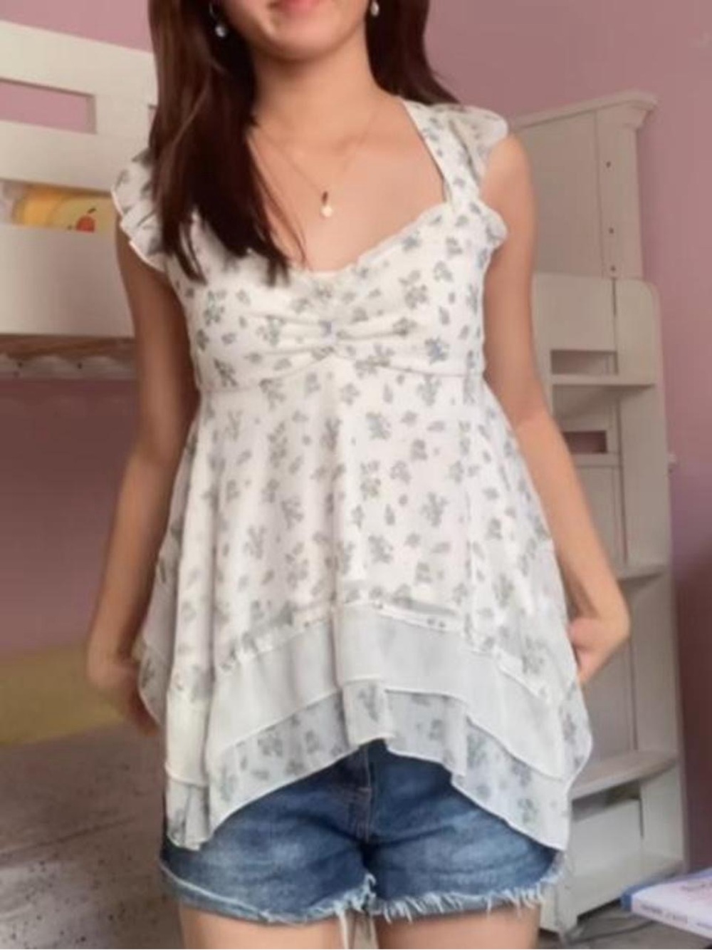 Cute coquette NWOT white babydoll asymmetrical top with blue flowers S